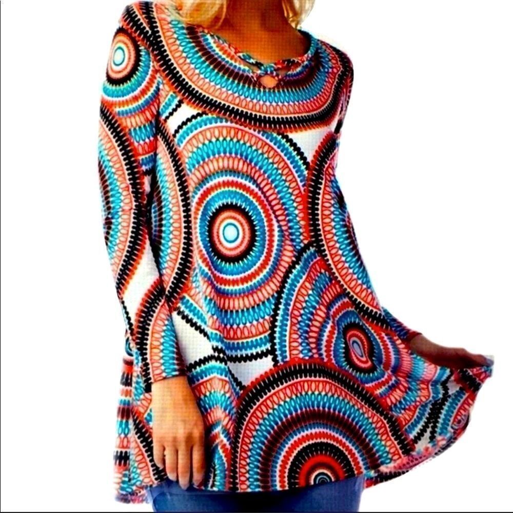 Retro Round Geo Colorful Design Long Sleeve A-line Long Tunic Top